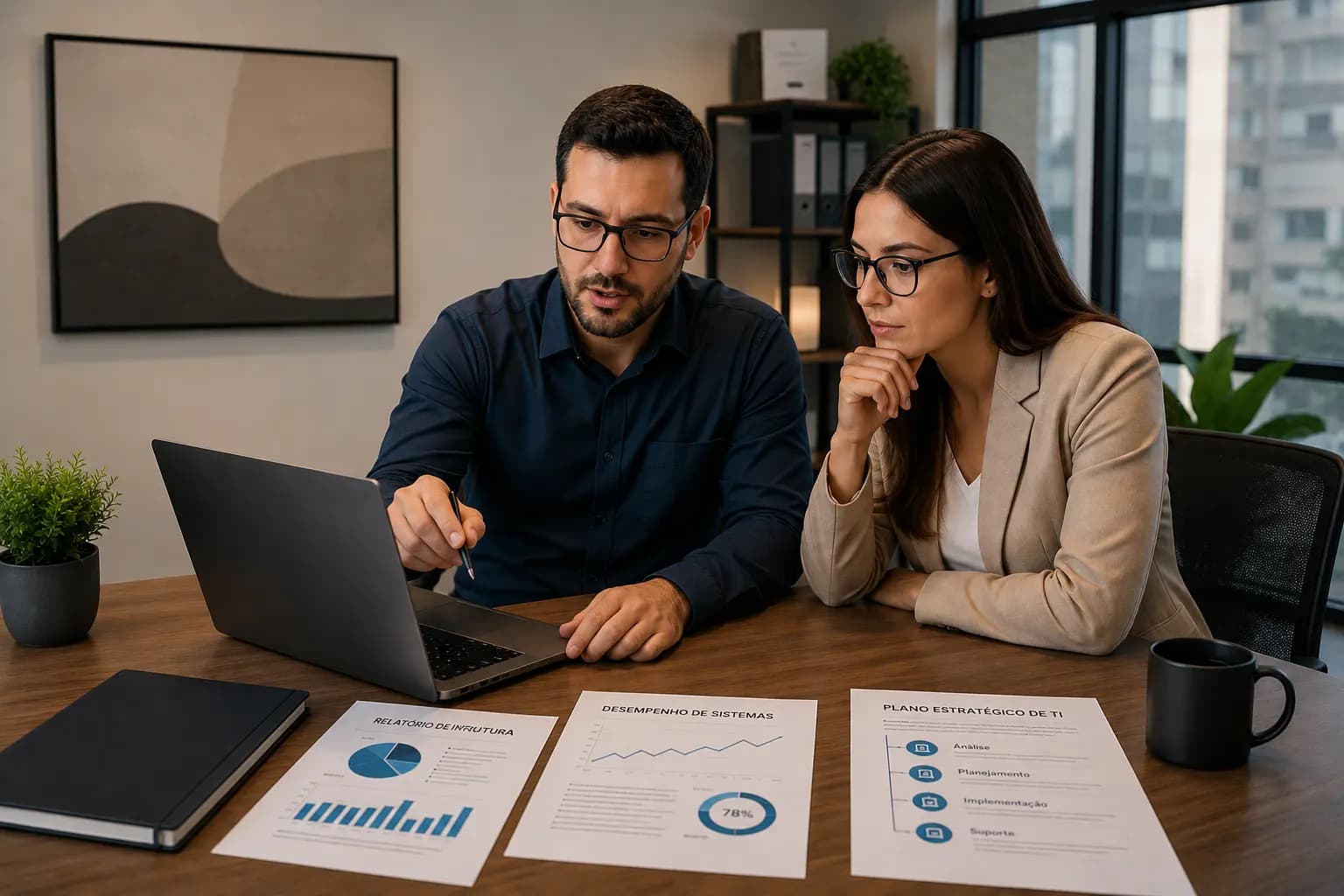 Consultores analisando relatórios e planejamento estratégico de TI em uma reunião
